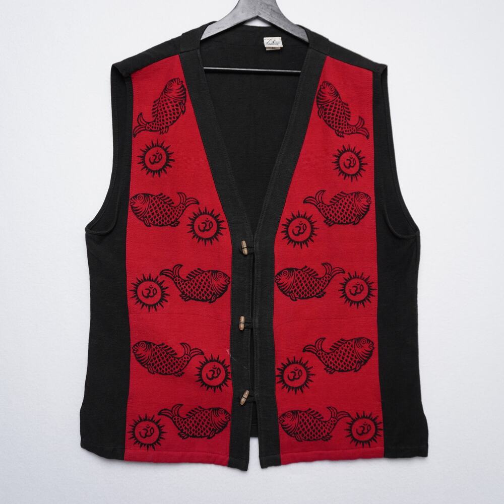 Ganesh Himal Handmade Nepal Cotton Vest XL Black-Red Fish‎ “Om” Print Boho